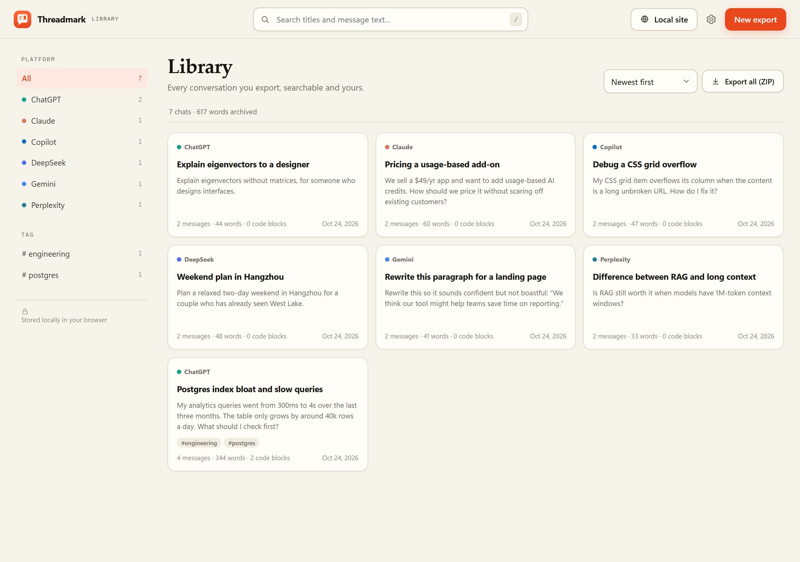 Threadmark library with searchable conversation cards