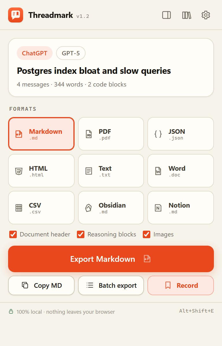 Threadmark popup with formats and export button