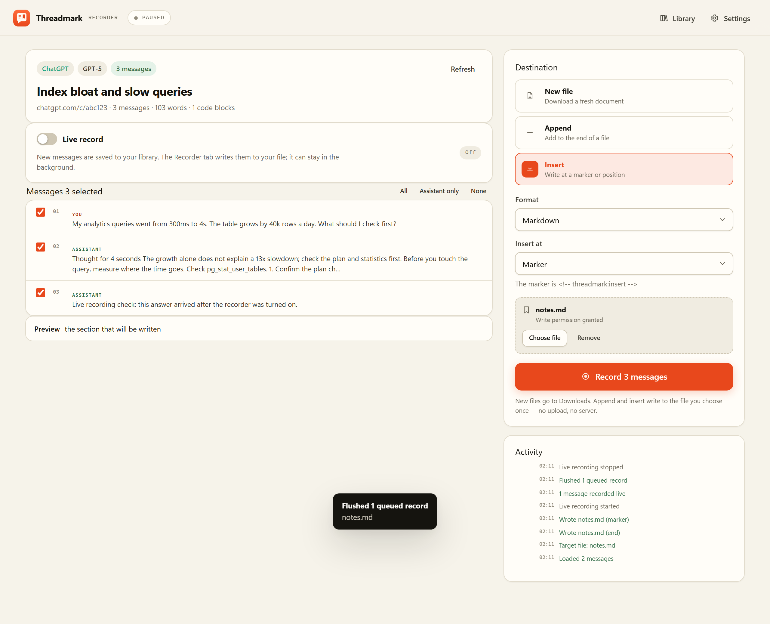 The Threadmark Recorder with message checkboxes, live record toggle and destination controls
